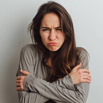 Ver&auml;rgerte, frierende Frau mit verschr&auml;nkten Armen. Ausdrucksstarkes Portr&auml;t voller Emotion &ndash; ideal f&uuml;r Themen wie K&auml;lte, Wut, Verletztheit, Stolz, Konflikt, Stimmung und zwischenmenschliche Gef&uuml;hle.