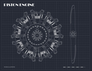 Obraz premium Aircraft piston engine. Outline blueprint. Rotor radial motor. Industrial drawing. Sketch of retro machine