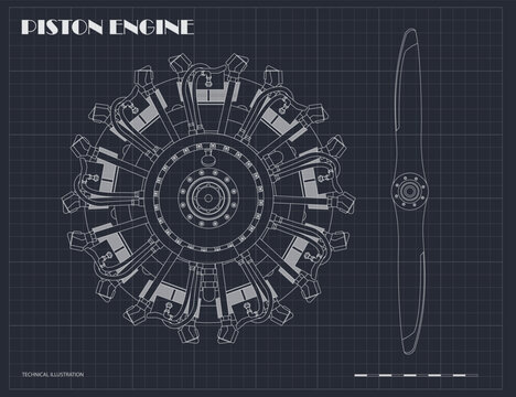 Aircraft piston engine. Outline blueprint. Rotor radial motor. Industrial drawing. Sketch of retro machine