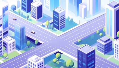 Modern cityscape with roads and buildings in blue tones AI Generative Scene Illustration