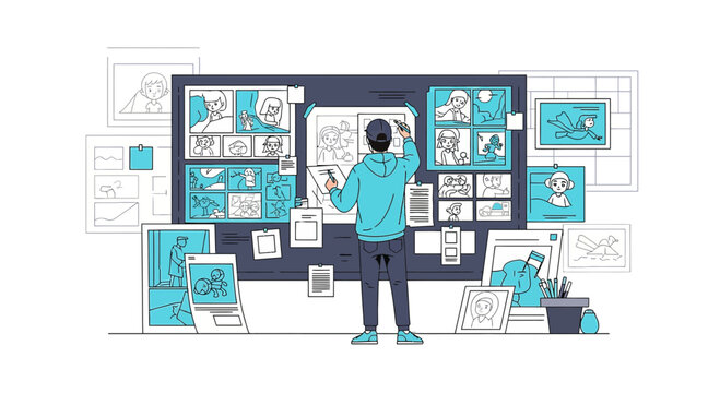 Storyboard Artist Creating Visual Narrative on Large Board