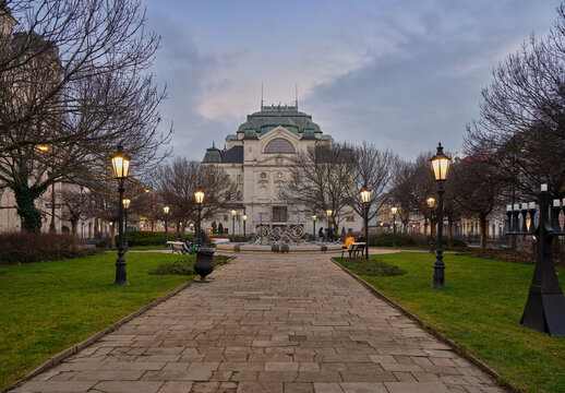 State Theatre Kosice Architecture at Twilight with Park Lanterns