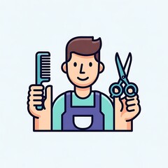 Cartoon Barber Holding Comb and Scissors.