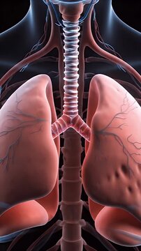Detailed 3D Medical Animation of the Human Respiratory System Showing the Trachea Bronchi and Lungs with Blue Electrical Energy Flow Dark Background
