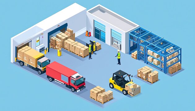Isometric Busy warehouse workers loading packages into trucks with forklifts AI Generative Scene Illustration