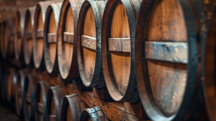 Naklejka premium Neat rows of oak barrels in the cellar convey the traditions of winemaking and provide an expressive backdrop for wine tastings.
