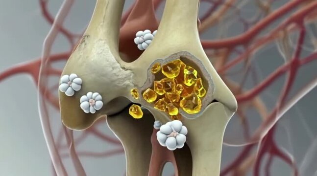 Human Knee Joint with Gout Crystals and Blood Vessels