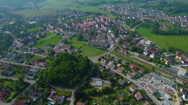 Panoramic aerial view of the city Windsbach in Germany, Bavaria on a sunny day in Spring.