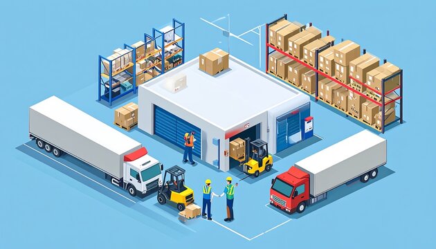 Isometric Warehouse distribution center with trucks and workers AI Generative Scene Illustration