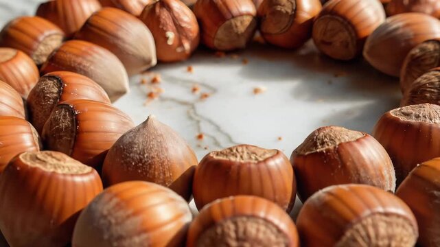 Close up of freshly harvested hazelnuts arranged in a circular pattern on a white surface