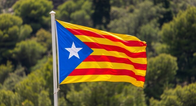 Catalan flag waving in the wind, against a background of green trees and blue sky.