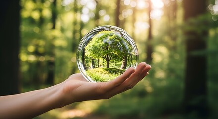 Hand holding crystal ball with lush green forest inside symbolizing eco friendliness and nature conservation in serene woodland setting with soft lighting © Turzo Khan