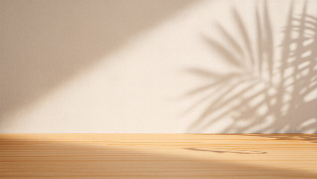Wooden table top with palm leaf shadow on beige wall for product display background