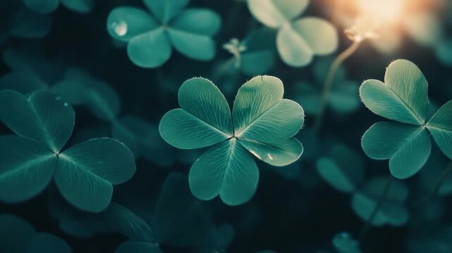 Close-up of vibrant, textured clover leaves, illuminated, with depth and subtle light