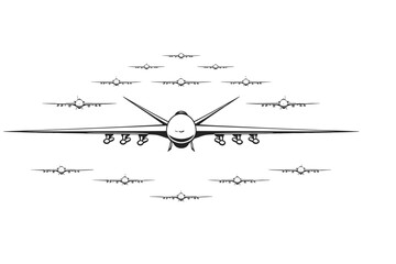 Obraz premium Swarm of military drones in formation on white