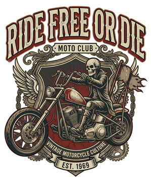 Vintage motorcycle culture emblem featuring skeleton rider on chopper bike with wings and shield design isolated on transparent background transparent background