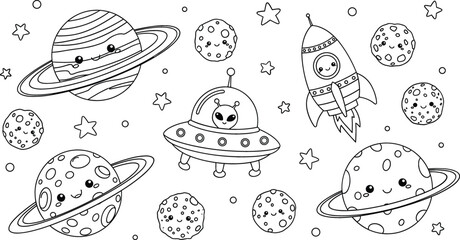 Cute Space Doodle Coloring Page with Planets, Rocket Ship, UFO and Stars Black and White Vector Illustration © Sanjida