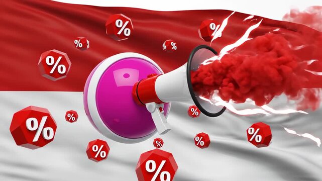 Megaphone Announces Discounts with Percentage Symbols on Indonesian Flag Background.