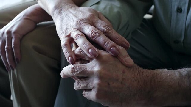 Senior woman putting her hand on her husbands while sharing moments of bonding. Affectionate elderly married couple having bonding moments together.