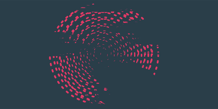 Circular Halftone Pattern Concentric Circles Frame Vector Red Black Colour Abstract Background. Mod Minimalist Art Half Tone Graphics Rippled Structure. Retro Futurism Technology Art Illustration