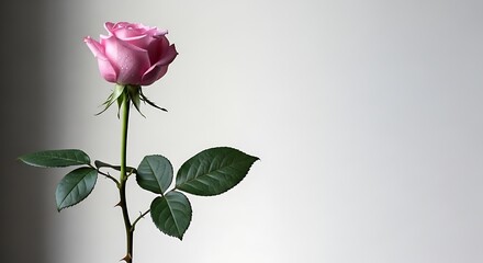 Pink rose on stem with green leaves against gray background symbolizing love and romance in a simple elegant setting