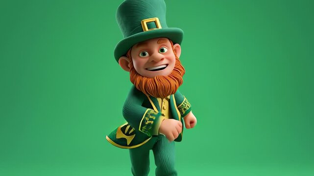 Cartoon leprechaun performing a jig on vibrant green screen background for St Patrick's Day