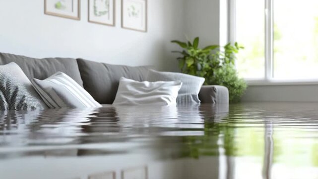 Interior living room flooded; sofa with submerged cushions, plants, and art on wall. Focus on water reflection