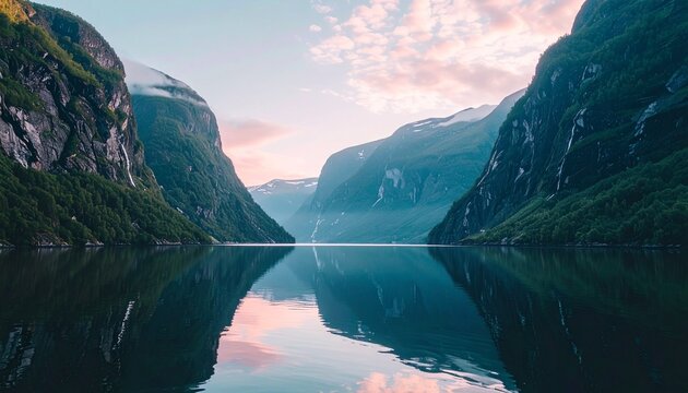 Calm fjord landscape reflects pink sunrise between steep green mountains and calm water
