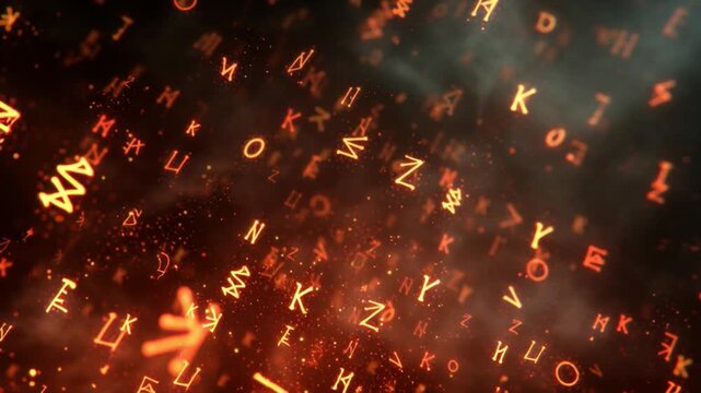 Golden letters swirl in dynamic patterns in a dark space during a creative design session
