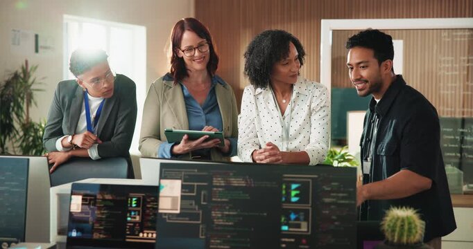 Technology, meeting and team of business people in office with coding project for collaboration. Discussion, computer and programmers with manager for feedback on web development at startup agency.