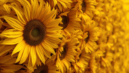 Obraz premium ひまわりの花壁を近接で切り取る夏の明るい背景素材