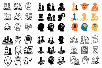 Fototapeta premium Chess icons with king knight and thinking outline