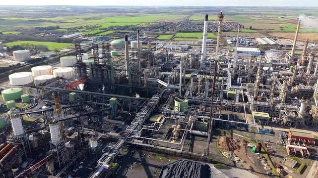 High angle aerial view of a massive petrochemical oil refinery in Immingham UK featuring industrial coking furnaces and processing units