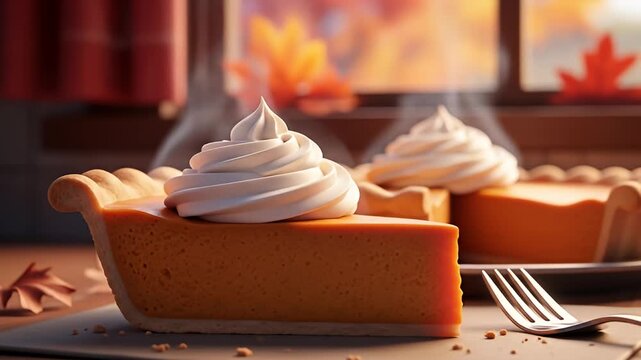 Delicious Pumpkin Pie Slices with Whipped Cream on a Festive Autumn Table.