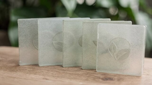 Medium shot showcasing embossed logos on bioplastic physical media cases with sharp focus on texture surrounded by outoffocus greenery to emphasize environmental benefits.