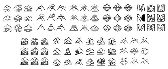 Mountain icons with sun tree house minimal
