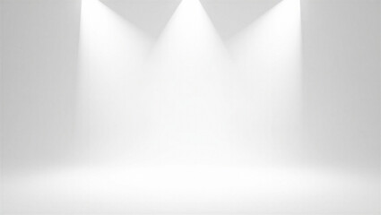 Converging bright spotlights illuminating a clean white studio background for focused display.