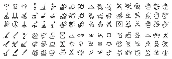 Gardening icons with shovel rake gloves outline