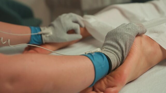 gloved hands applying microcurrent to foot, closeup on electrode contact and wires, gentle pulses and tactile pressure, sterile treatment environment, focused operator monitoring sensation