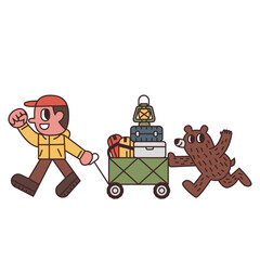 A boy pulling a folding wagon full of camping gear with bear cub © monkik
