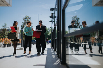 Obraz premium Three businesswomen review documents while walking outside a modern office building. The colleagues walk together and discuss work during a casual outdoor meeting.