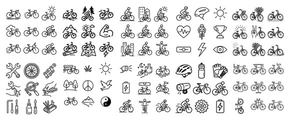 Cycling icons with helmet wheel rider outline minimal