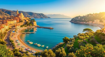 Fototapeta premium Scenic coastal town with colorful buildings, harbor, and turquoise sea at sunrise.