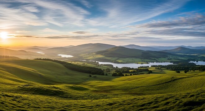 Serene landscape of rolling green hills and lakes under blue sky at sunrise