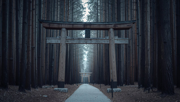 望遠で杉の直線を圧縮して捉えた重厚な鳥居の風景