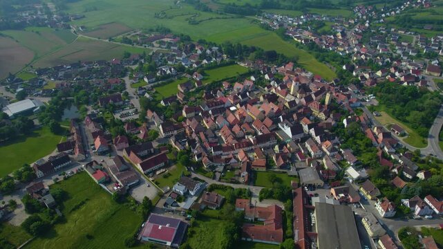 Panoramic aerial view of the city Windsbach in Germany, Bavaria on a sunny day in Spring.