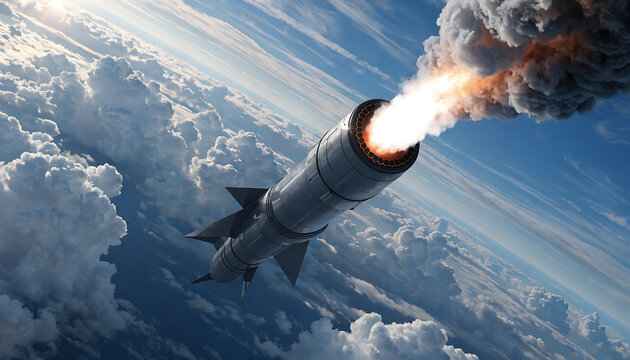 Guided rocket flying through the stratosphere above dense clouds to represent aerospace technology for a professional banner.