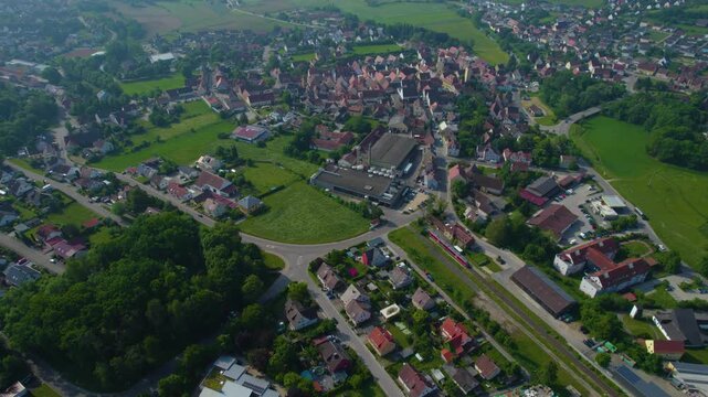 Panoramic aerial view of the city Windsbach in Germany, Bavaria on a sunny day in Spring.