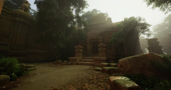 A dense jungle envelops ancient ruins at dawn, with mist swirling among the stone structures. Ivy and moss cover the stonework, blending history with natures tranquility.