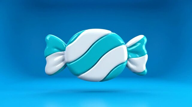 Rotating 3D rendering of a blue and white candy, wrapped, isolated, on a solid blue background